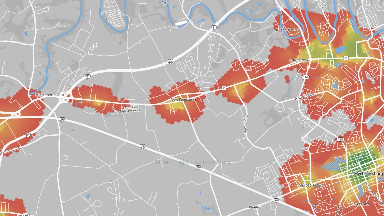 Walk Grade map of New Kingstown, PA, walkable areas in green and car-dependent areas in red