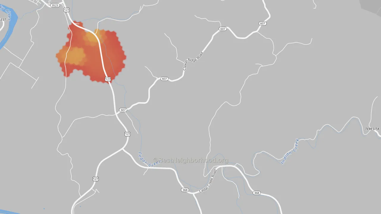 Walk Grade map of New, KY, walkable areas in green and car-dependent areas in red