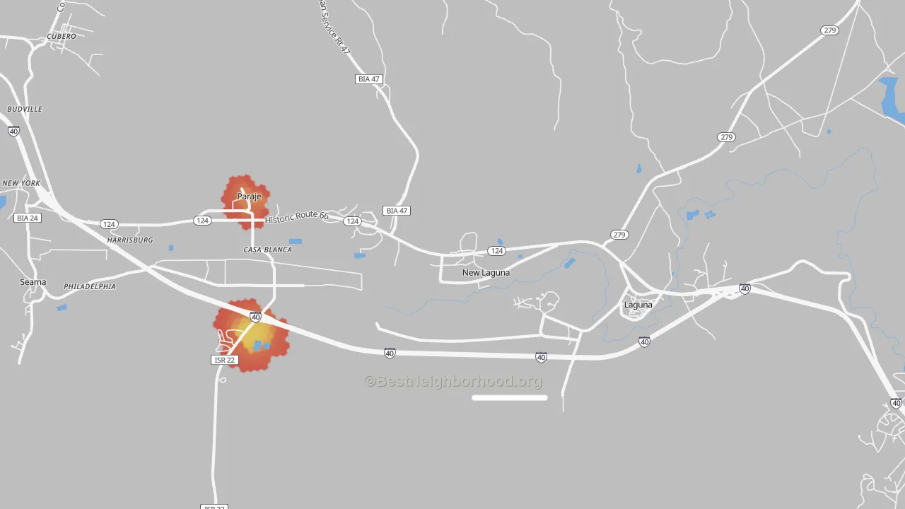 Walk Grade map of New Laguna, NM, walkable areas in green and car-dependent areas in red