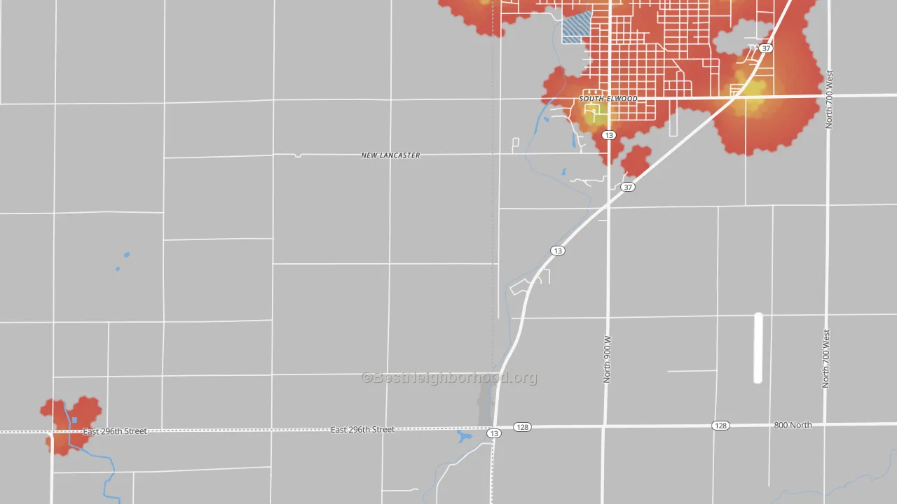 Walk Grade map of New Lancaster, IN, walkable areas in green and car-dependent areas in red