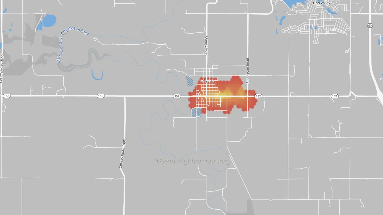 Walk Grade map of New Lancaster, KS, walkable areas in green and car-dependent areas in red