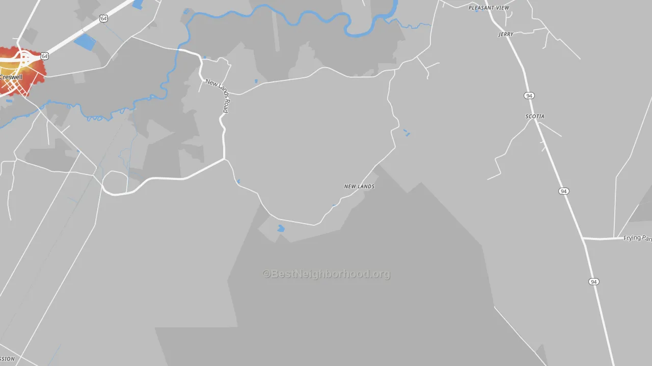 Walk Grade map of New Lands, NC, walkable areas in green and car-dependent areas in red
