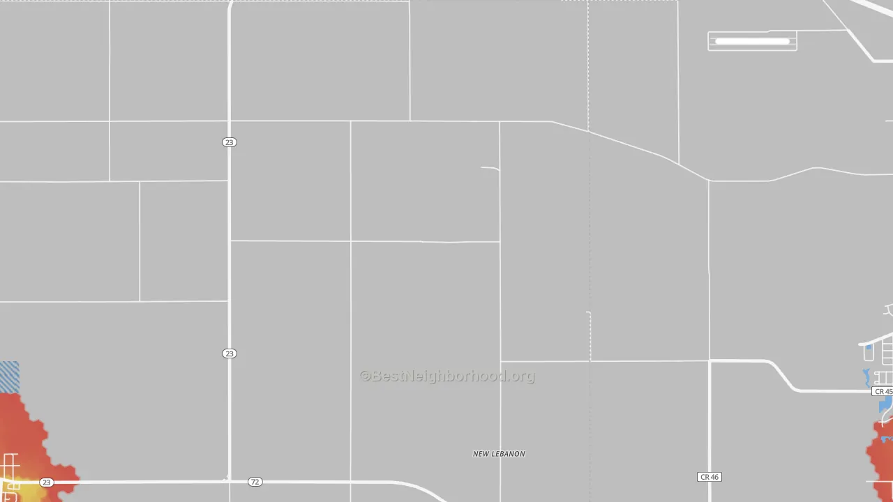 Walk Grade map of New Lebanon, IL, walkable areas in green and car-dependent areas in red
