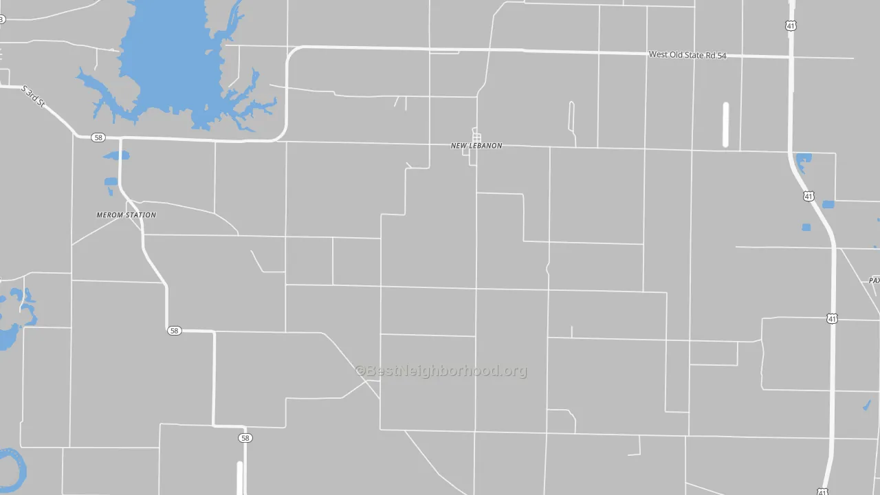 Walk Grade map of New Lebanon, IN, walkable areas in green and car-dependent areas in red