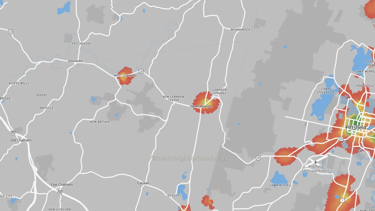 Walk Grade map of New Lebanon, NY, walkable areas in green and car-dependent areas in red