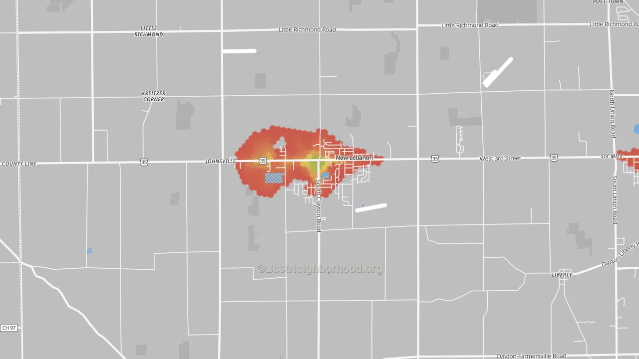 Walk Grade map of New Lebanon, OH, walkable areas in green and car-dependent areas in red