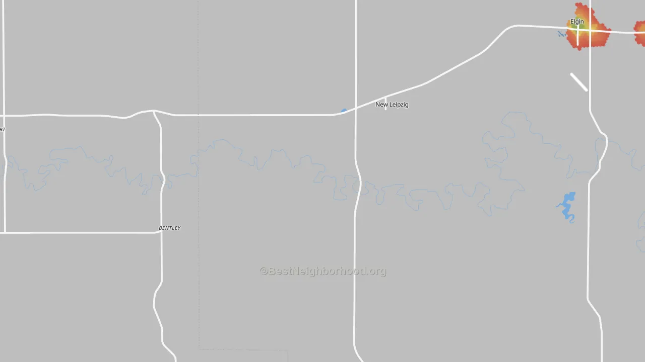 Walk Grade map of New Leipzig, ND, walkable areas in green and car-dependent areas in red