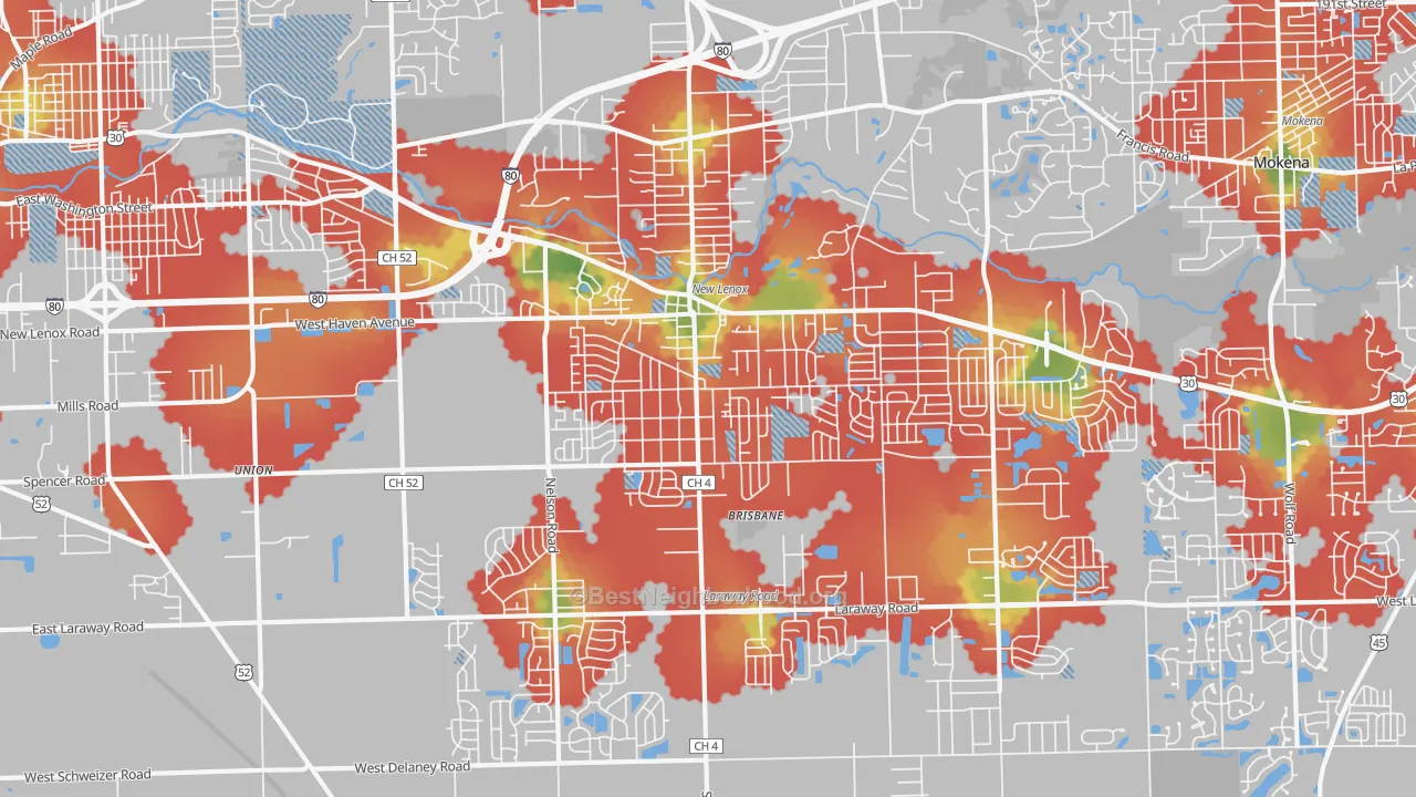 Walk Grade map of New Lenox, IL, walkable areas in green and car-dependent areas in red