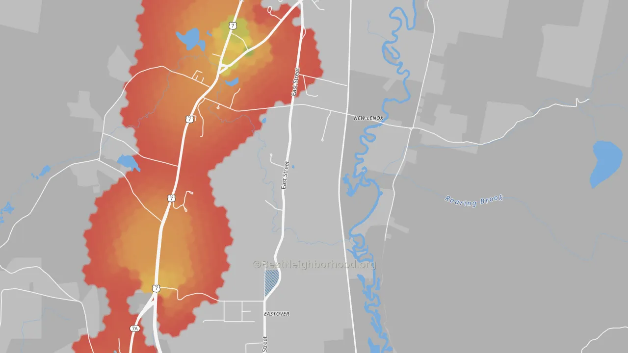 Walk Grade map of New Lenox, MA, walkable areas in green and car-dependent areas in red