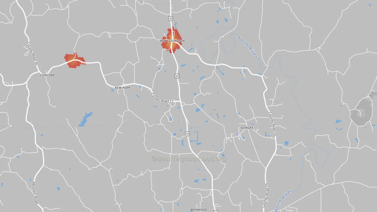 Walk Grade map of New Lexington, AL, walkable areas in green and car-dependent areas in red