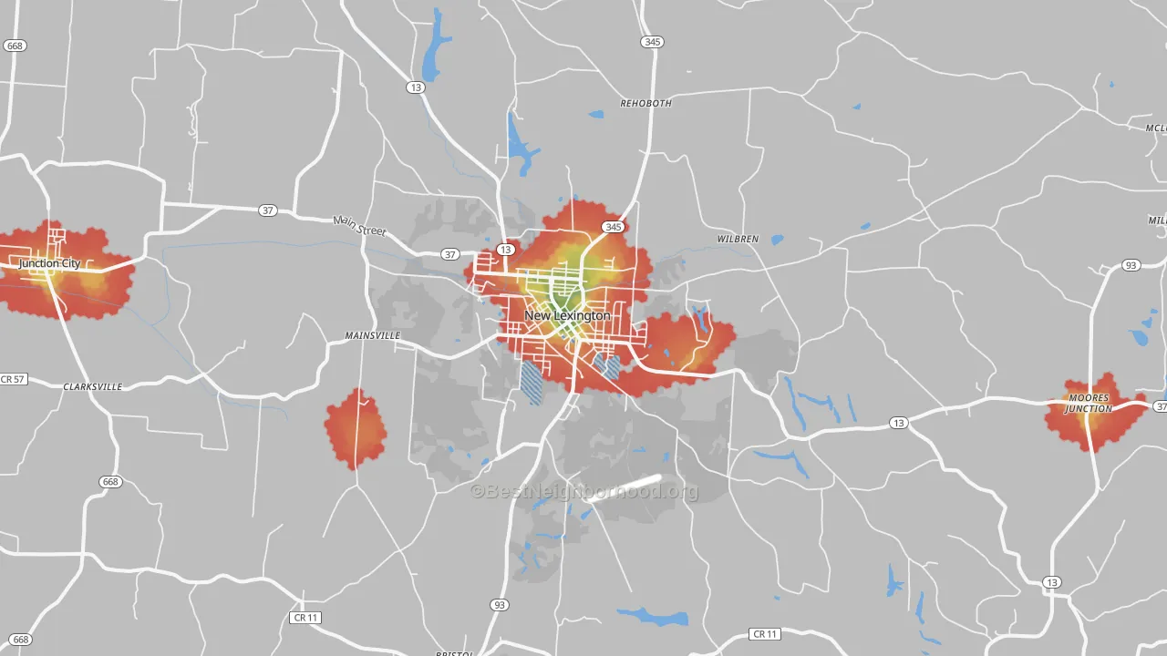 Walk Grade map of New Lexington, OH, walkable areas in green and car-dependent areas in red