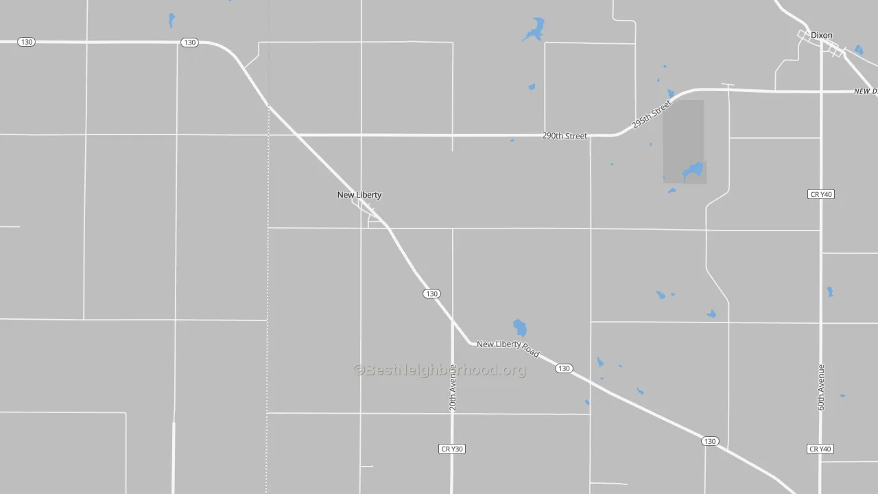 Walk Grade map of New Liberty, IA, walkable areas in green and car-dependent areas in red