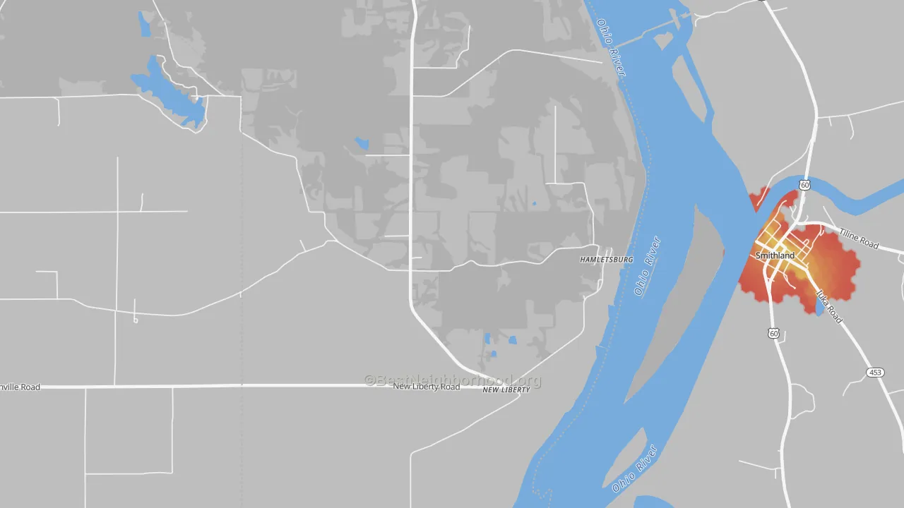 Walk Grade map of New Liberty, IL, walkable areas in green and car-dependent areas in red