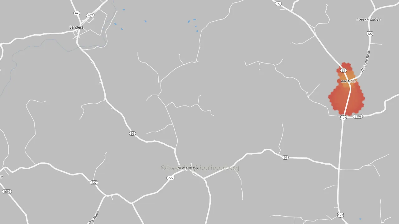 Walk Grade map of New Liberty, KY, walkable areas in green and car-dependent areas in red