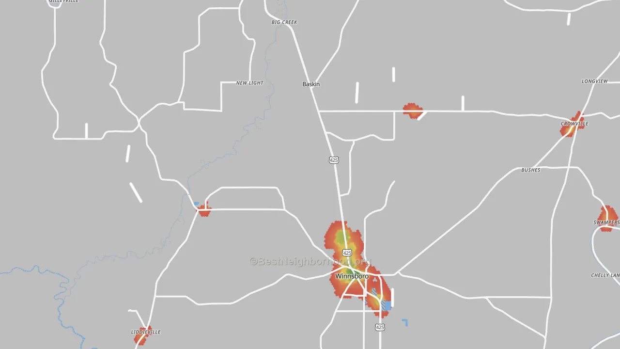 Walk Grade map of New Light, LA, walkable areas in green and car-dependent areas in red