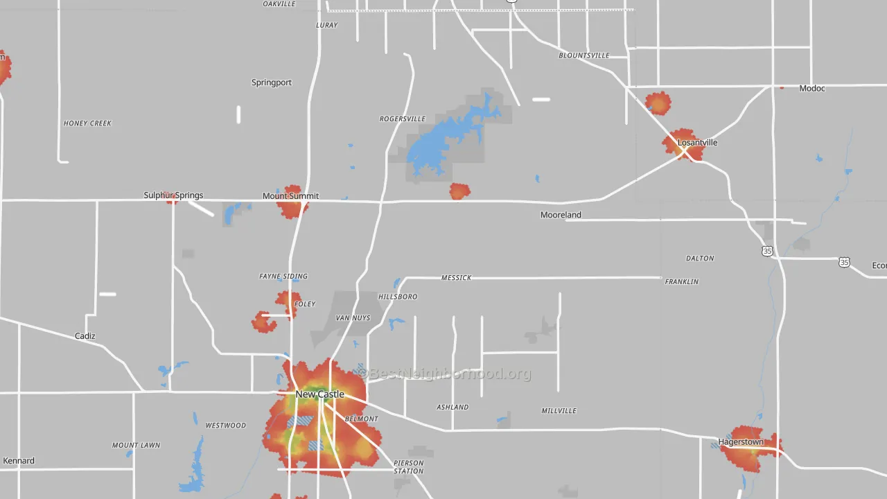 Walk Grade map of New Lisbon, IN, walkable areas in green and car-dependent areas in red