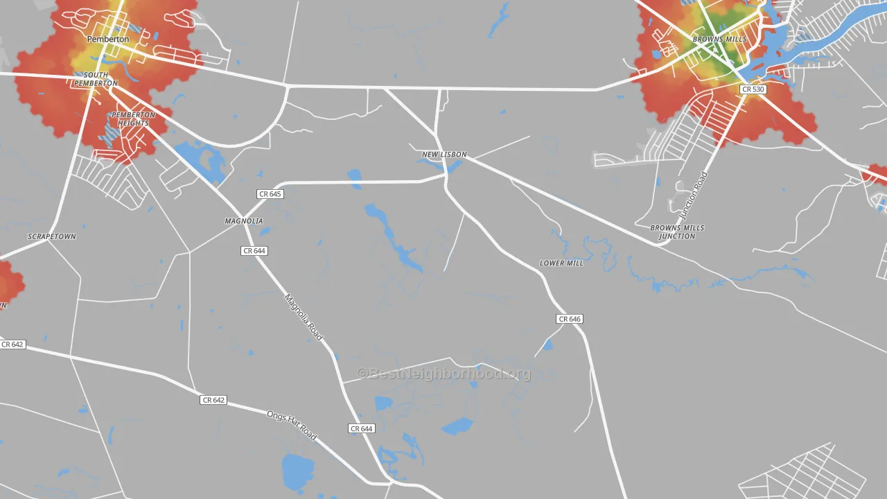 Walk Grade map of New Lisbon, NJ, walkable areas in green and car-dependent areas in red