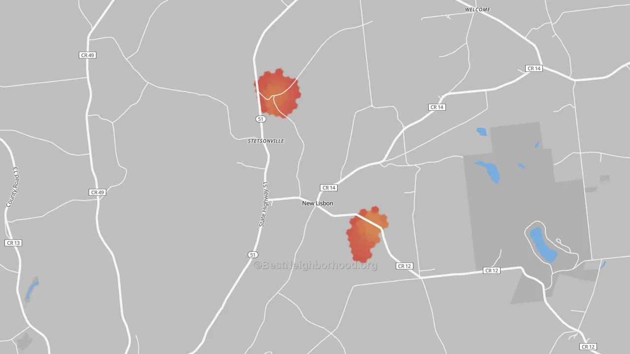 Walk Grade map of New Lisbon, NY, walkable areas in green and car-dependent areas in red