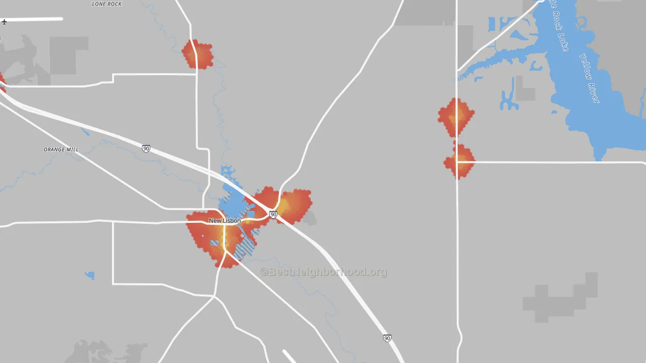 Walk Grade map of New Lisbon, WI, walkable areas in green and car-dependent areas in red