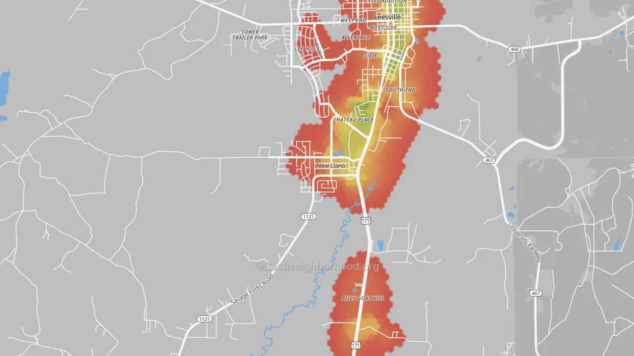 Walk Grade map of New Llano, LA, walkable areas in green and car-dependent areas in red