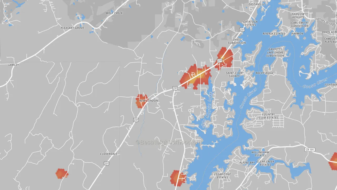 Walk Grade map of New London, AL, walkable areas in green and car-dependent areas in red