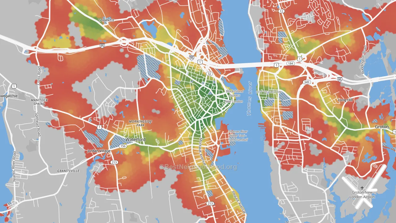 Walk Grade map of New London, CT, walkable areas in green and car-dependent areas in red