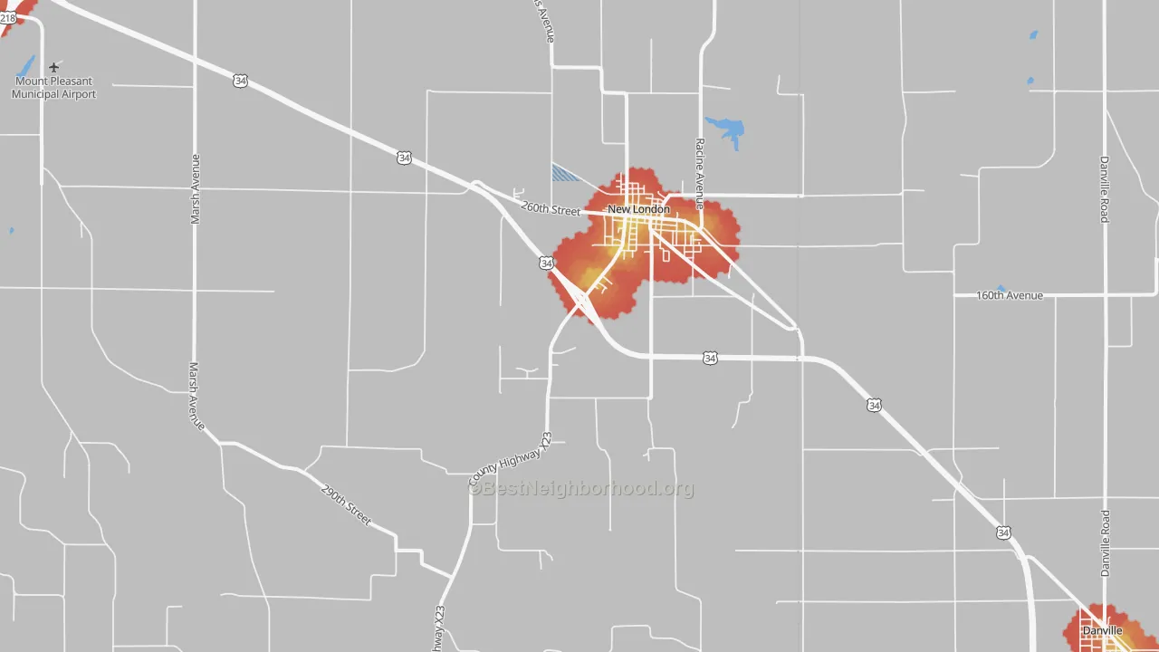 Walk Grade map of New London, IA, walkable areas in green and car-dependent areas in red