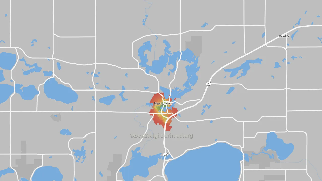 Walk Grade map of New London, MN, walkable areas in green and car-dependent areas in red