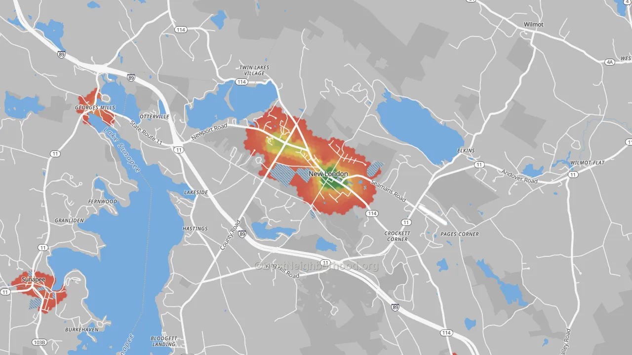 Walk Grade map of New London, NH, walkable areas in green and car-dependent areas in red