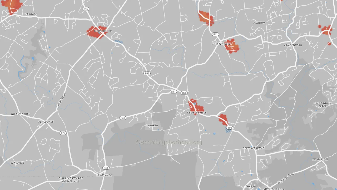 Walk Grade map of New London, PA, walkable areas in green and car-dependent areas in red