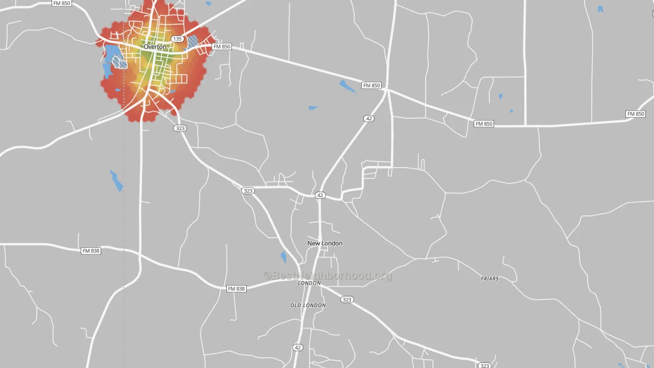 Walk Grade map of New London, TX, walkable areas in green and car-dependent areas in red