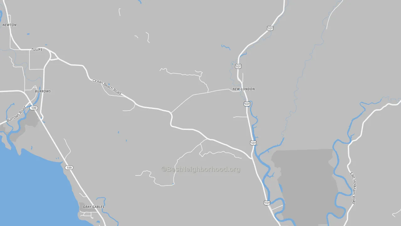 Walk Grade map of New London, WA, walkable areas in green and car-dependent areas in red