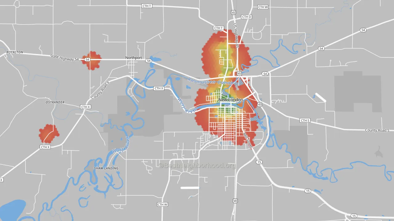 Walk Grade map of New London, WI, walkable areas in green and car-dependent areas in red