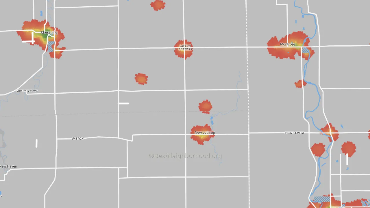 Walk Grade map of New Lothrop, MI, walkable areas in green and car-dependent areas in red