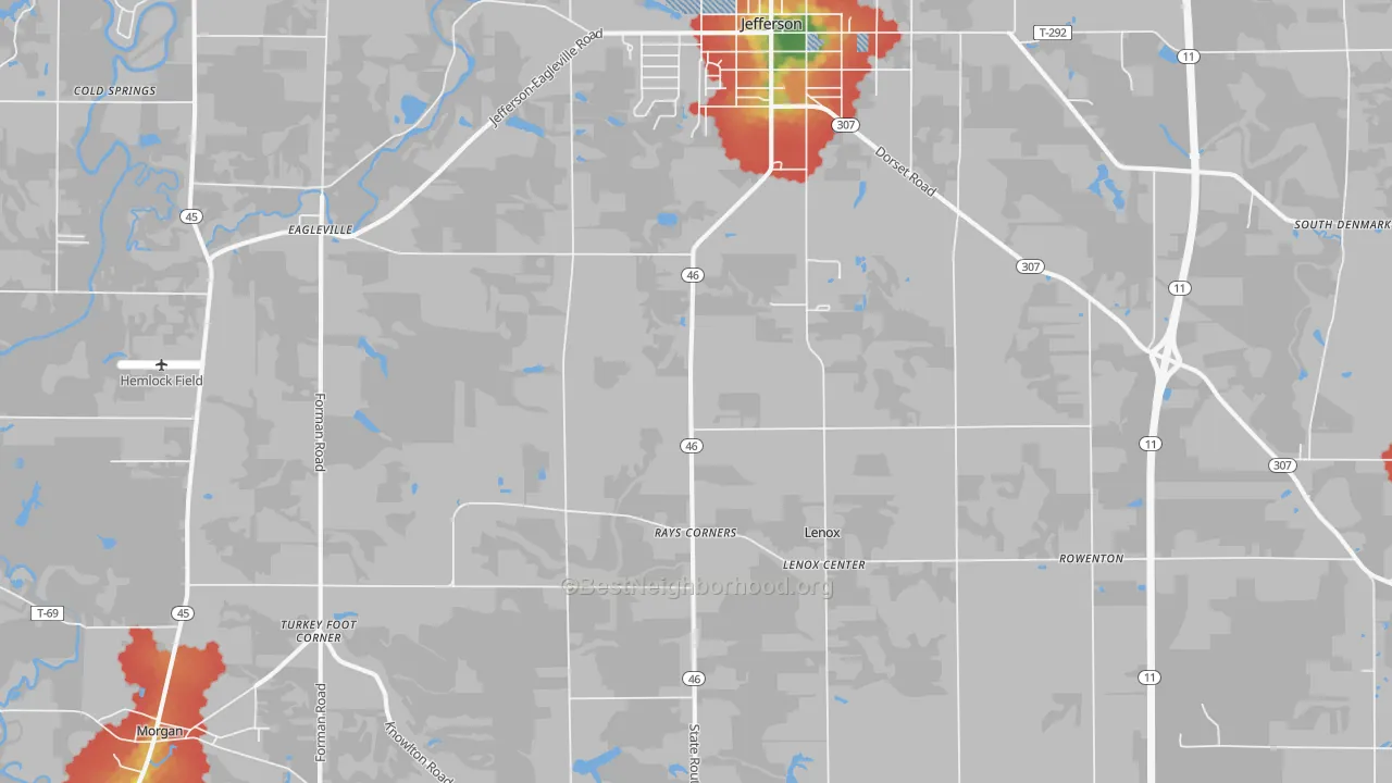 Walk Grade map of New Lyme, OH, walkable areas in green and car-dependent areas in red