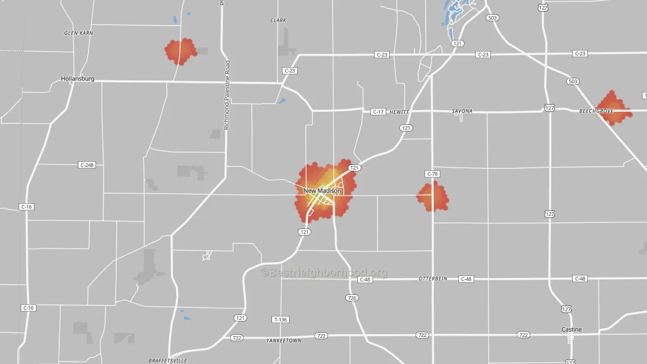 Walk Grade map of New Madison, OH, walkable areas in green and car-dependent areas in red