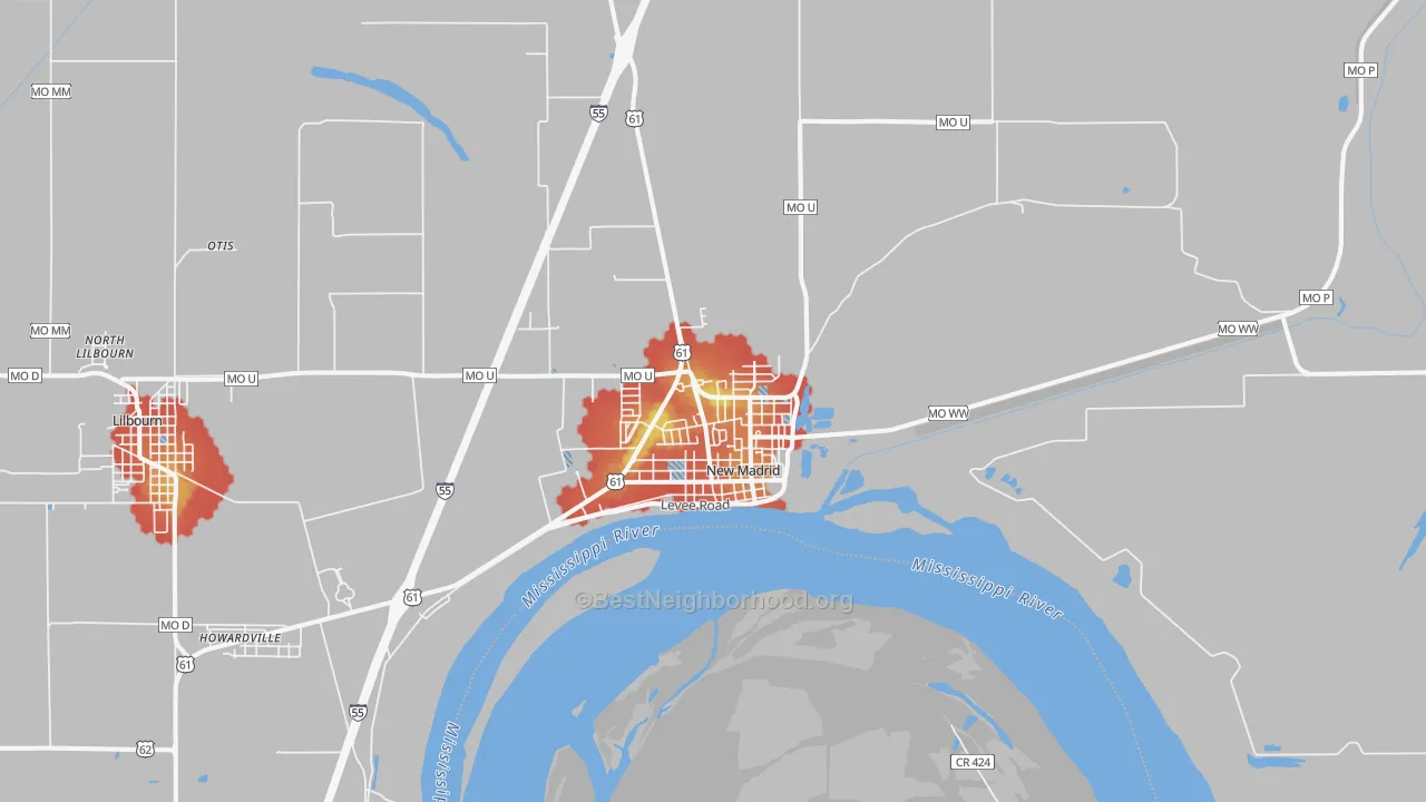 Walk Grade map of New Madrid, MO, walkable areas in green and car-dependent areas in red