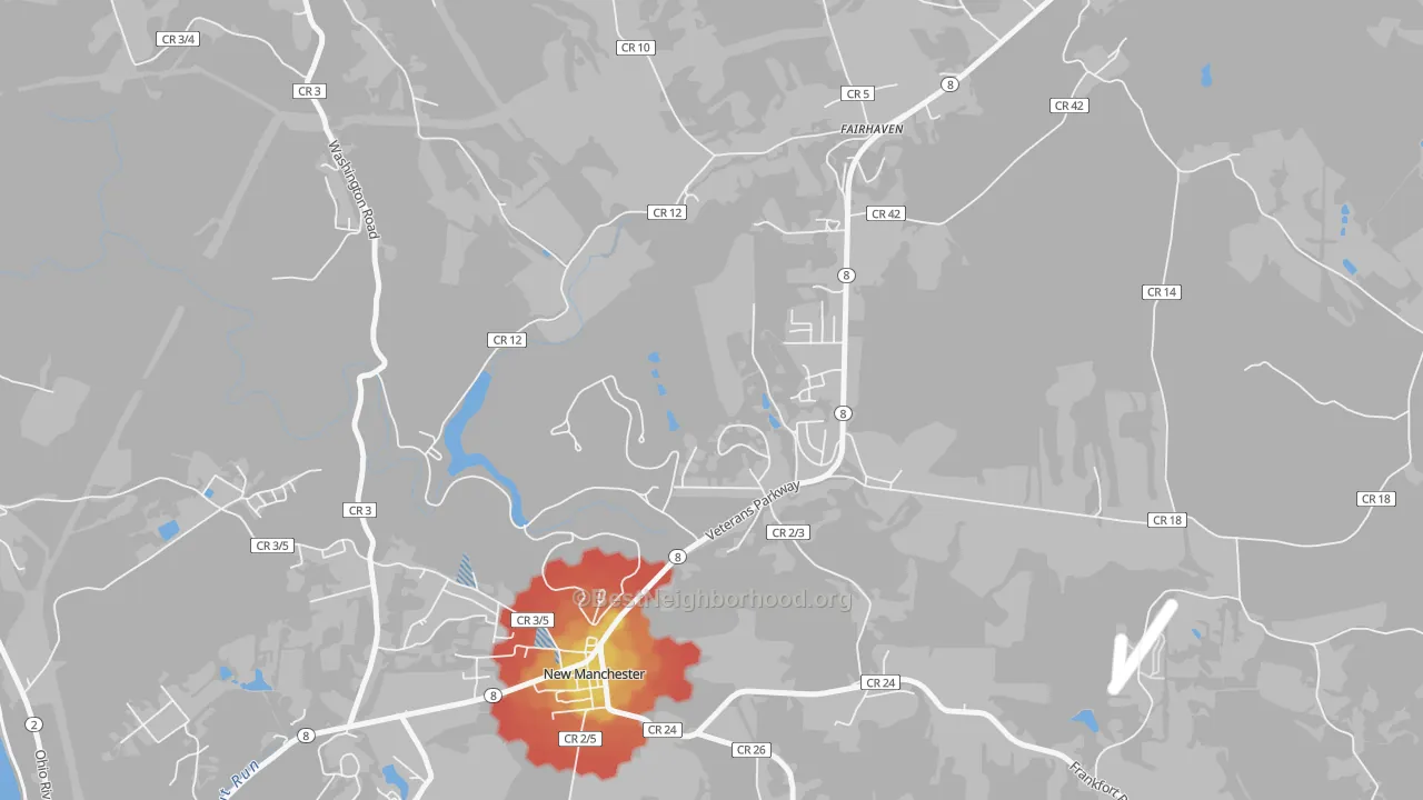 Walk Grade map of New Manchester, WV, walkable areas in green and car-dependent areas in red