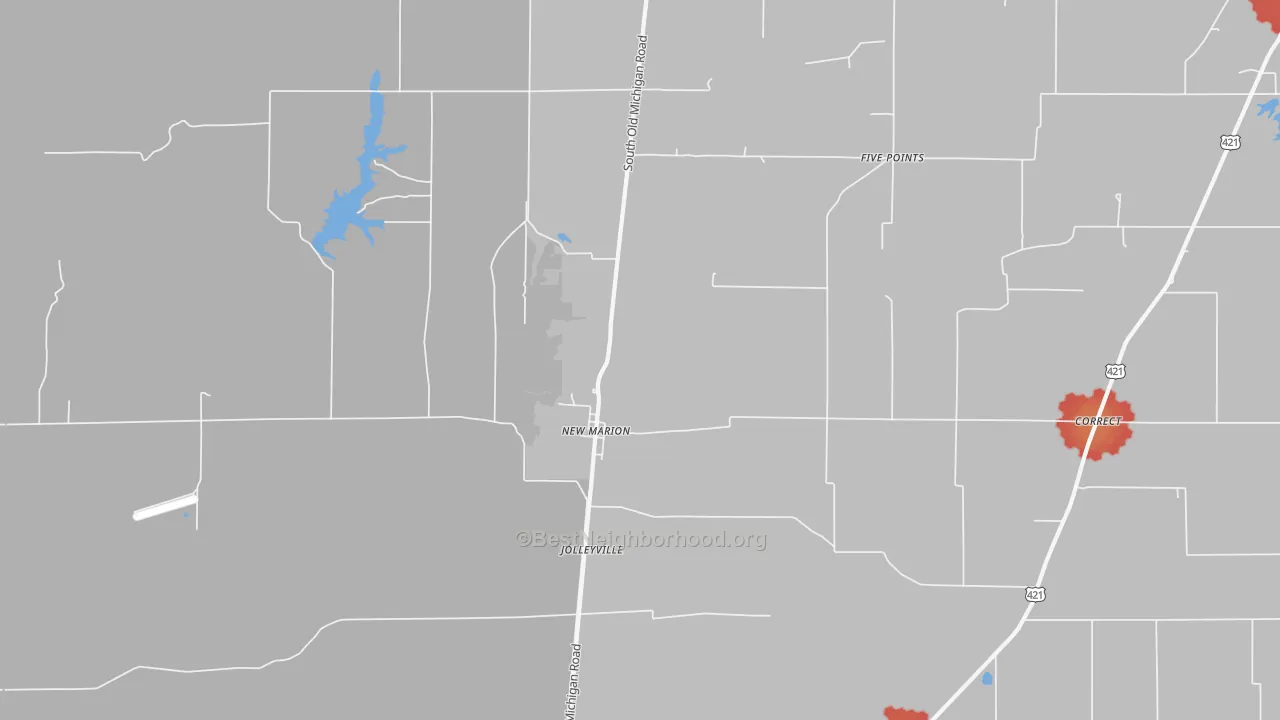 Walk Grade map of New Marion, IN, walkable areas in green and car-dependent areas in red