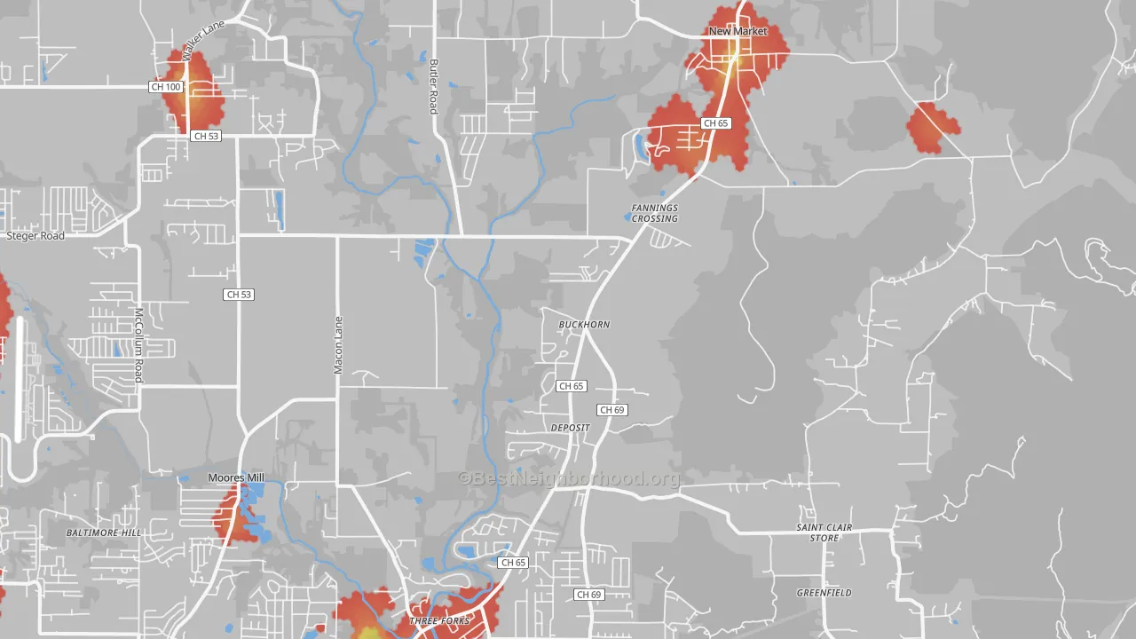 Walk Grade map of New Market, AL, walkable areas in green and car-dependent areas in red