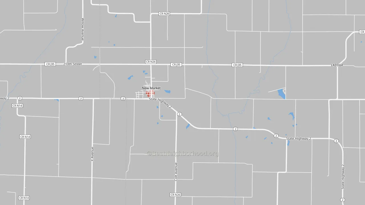 Walk Grade map of New Market, IA, walkable areas in green and car-dependent areas in red