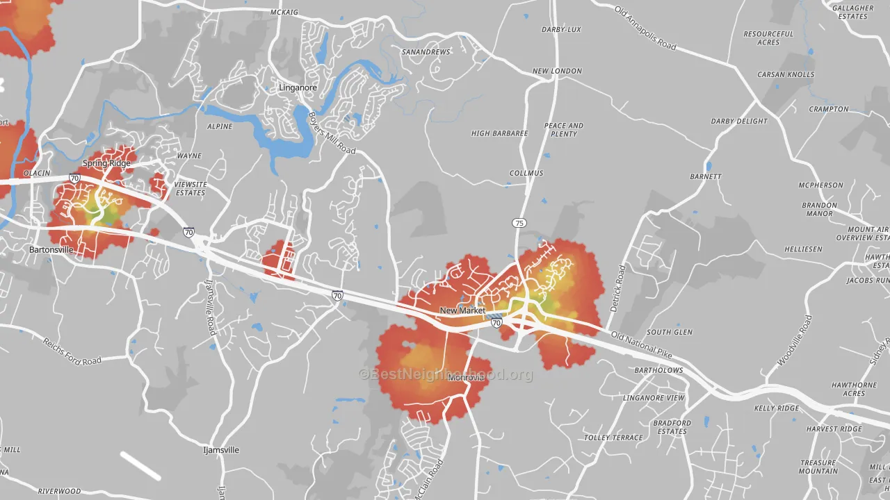 Walk Grade map of New Market, MD, walkable areas in green and car-dependent areas in red
