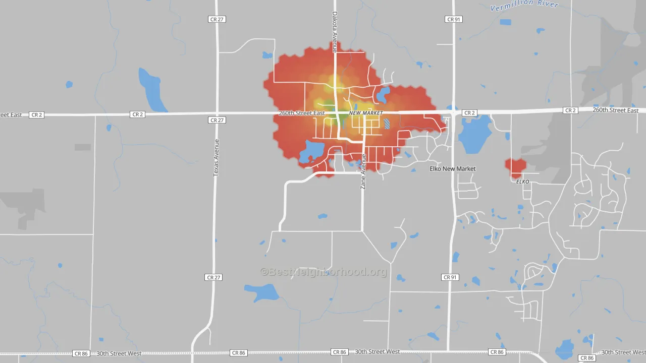 Walk Grade map of New Market, MN, walkable areas in green and car-dependent areas in red