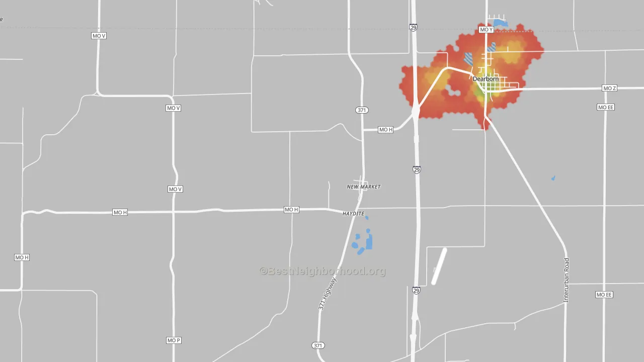 Walk Grade map of New Market, MO, walkable areas in green and car-dependent areas in red