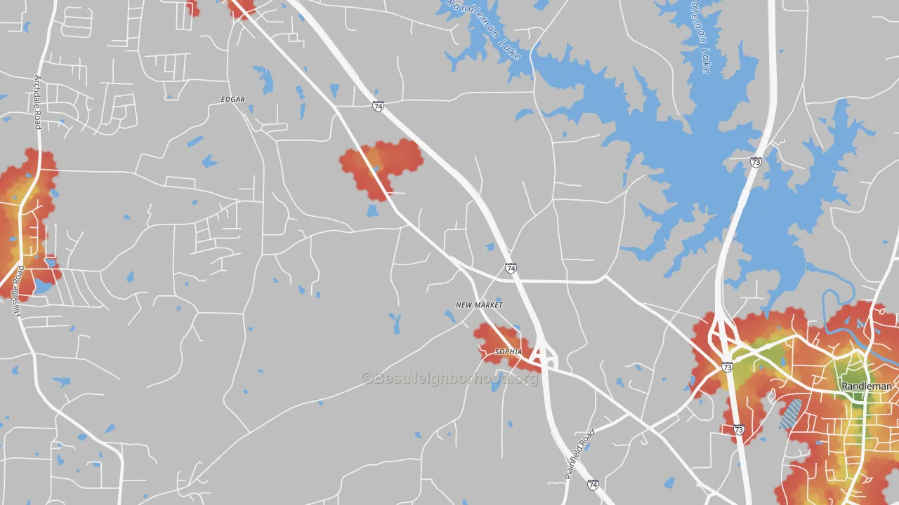 Walk Grade map of New Market, NC, walkable areas in green and car-dependent areas in red