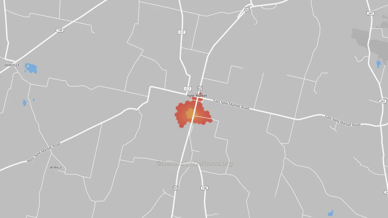 Walk Grade map of New Market, OH, walkable areas in green and car-dependent areas in red