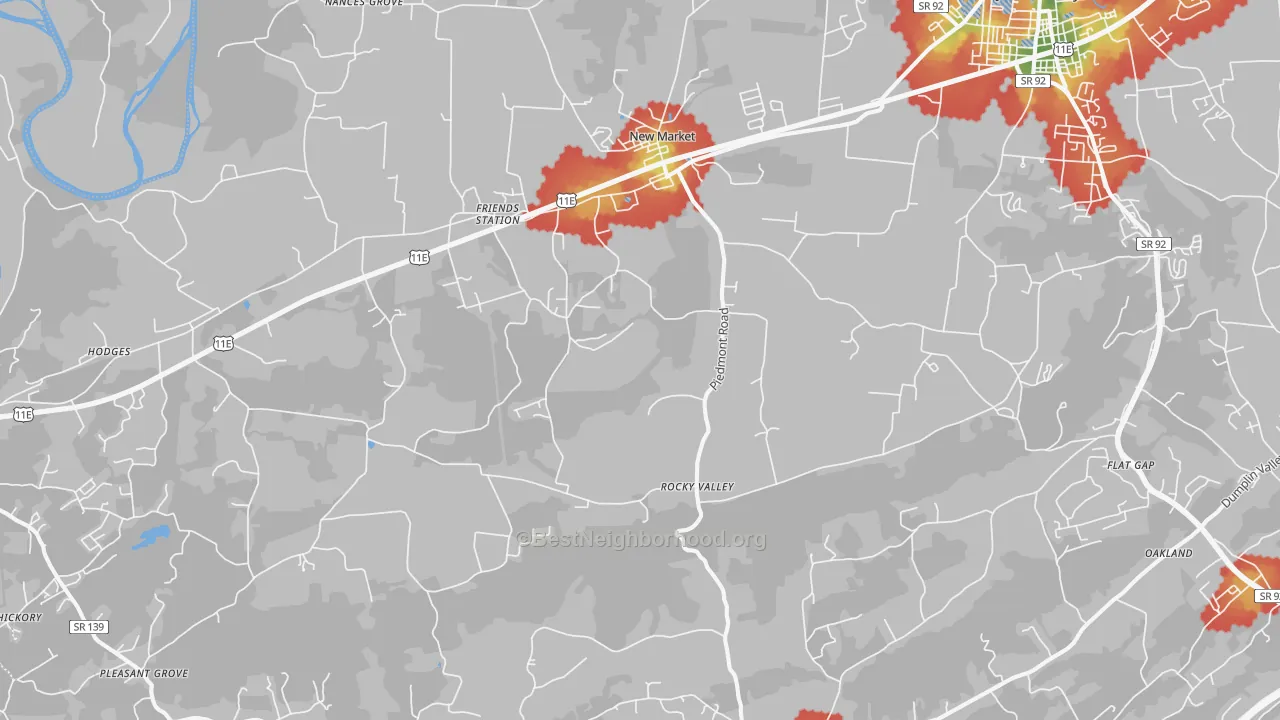 Walk Grade map of New Market, TN, walkable areas in green and car-dependent areas in red
