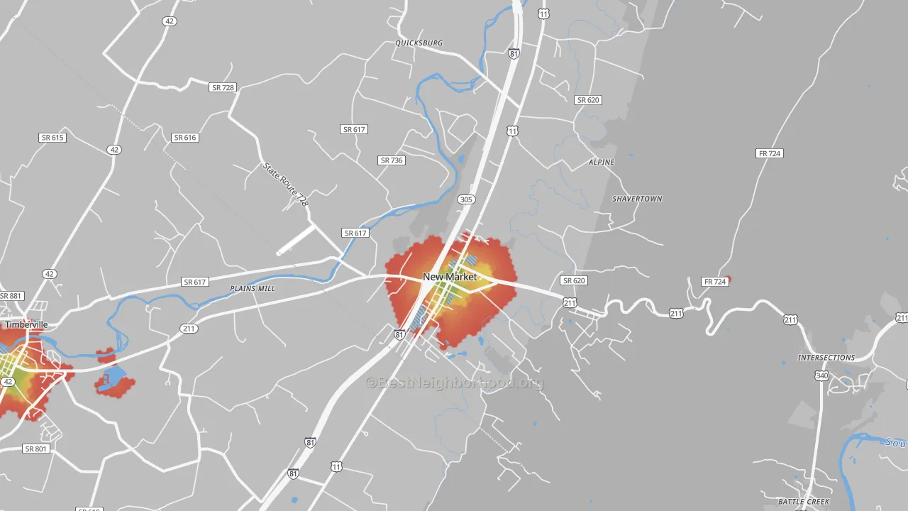 Walk Grade map of New Market, VA, walkable areas in green and car-dependent areas in red