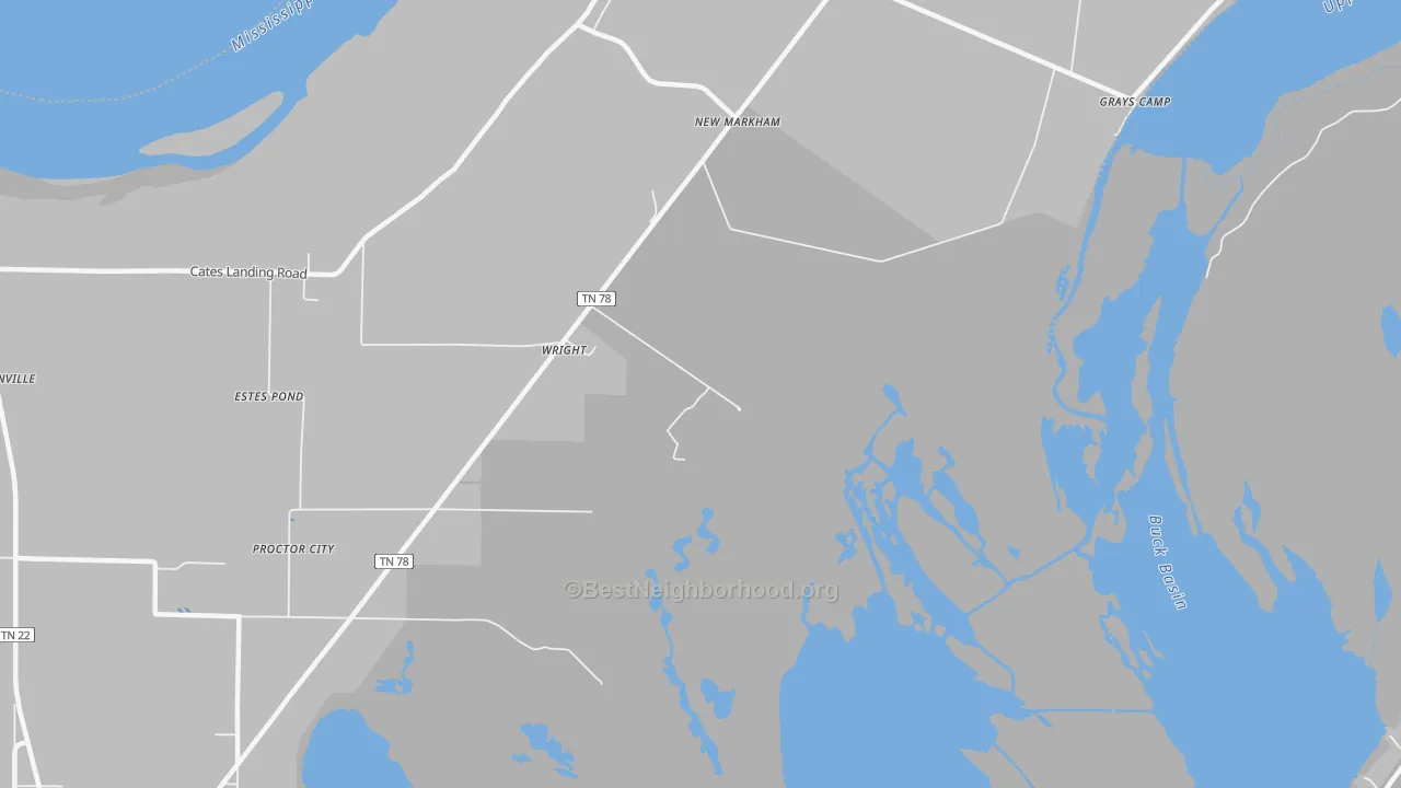 Walk Grade map of New Markham, TN, walkable areas in green and car-dependent areas in red