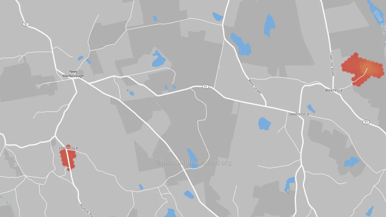 Walk Grade map of New Marlboro, MA, walkable areas in green and car-dependent areas in red